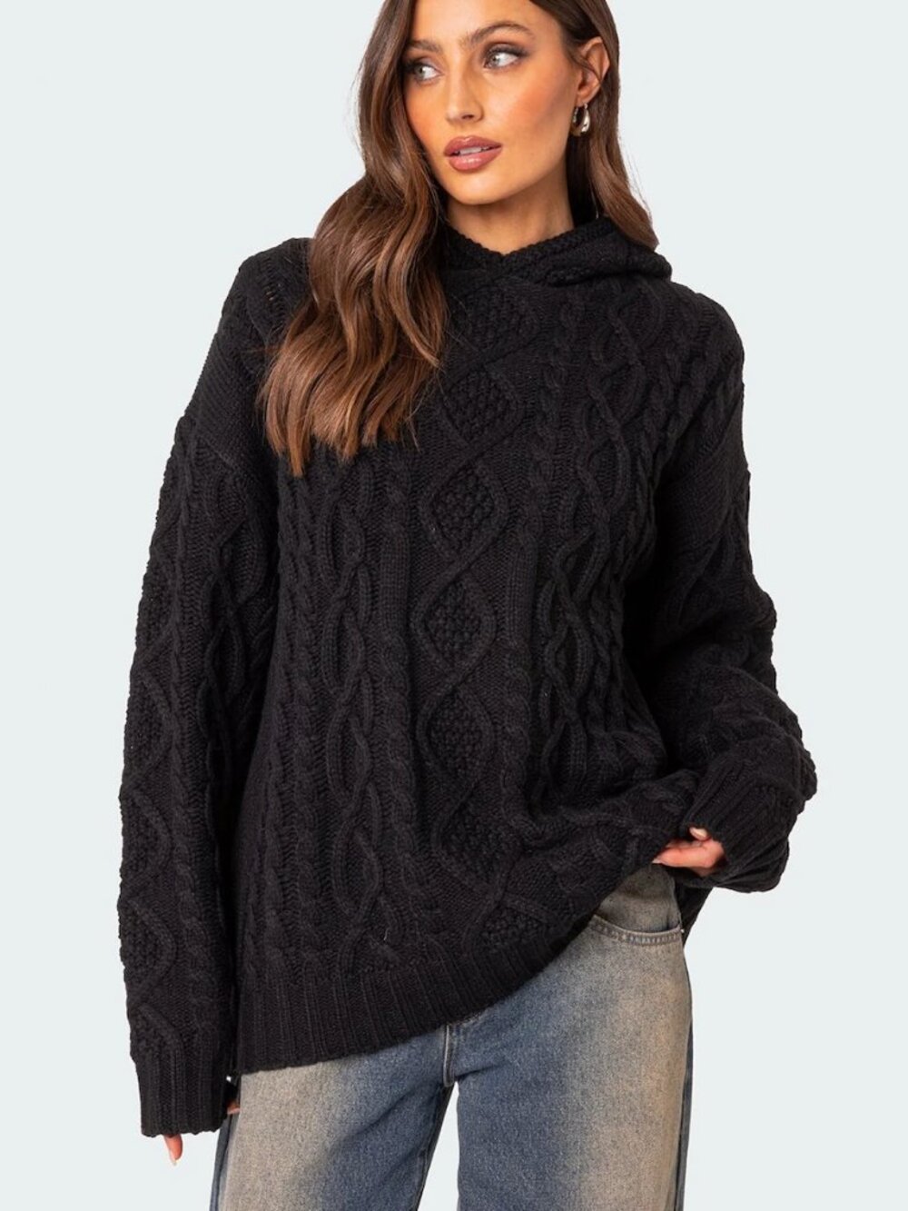 Edikted Black Oversized Cable Knit Hoodie Size Small Women's